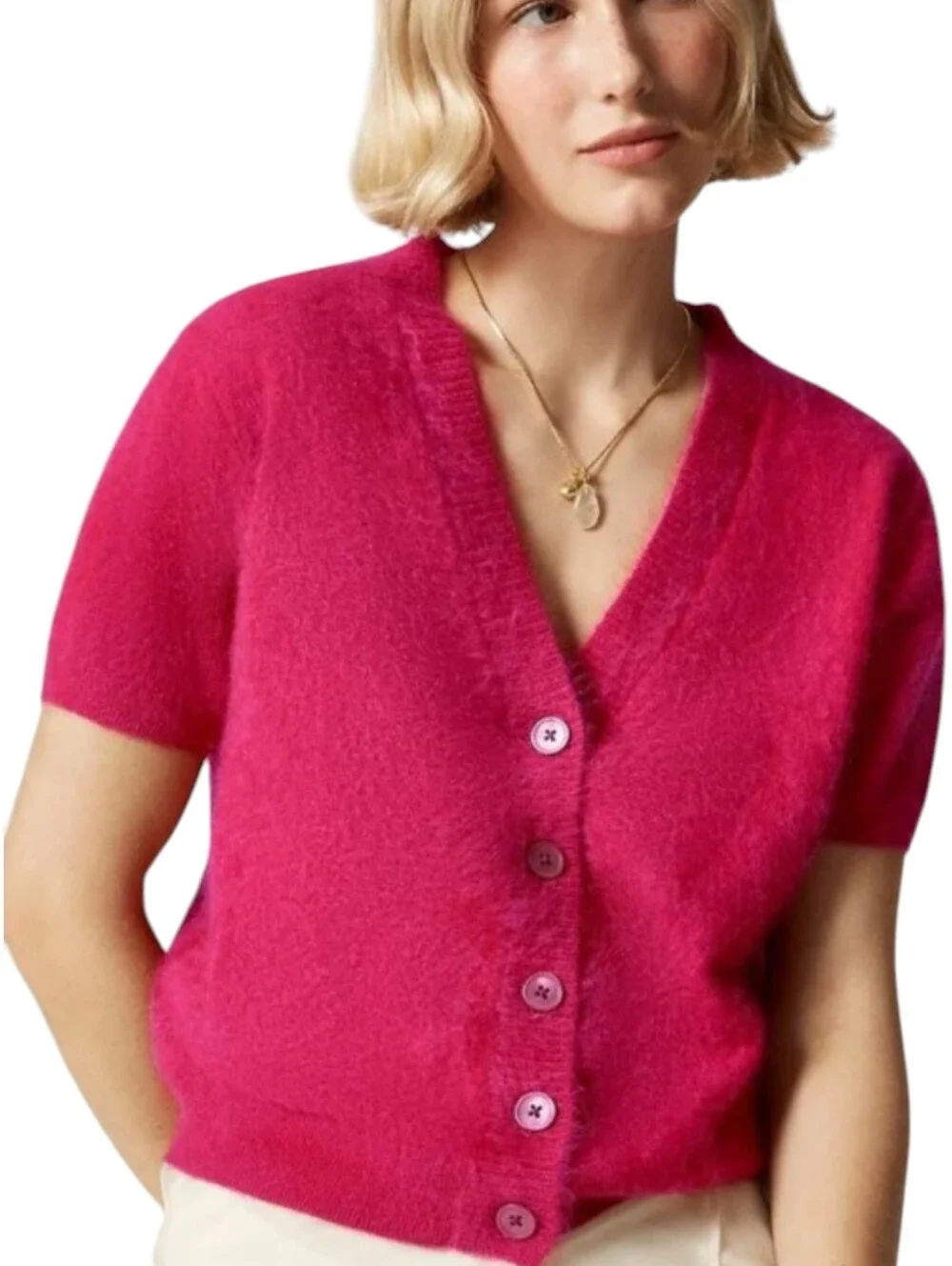 J.Crew Brushed Cashmere Short Sleeve V-Neck Cardigan | L | Crimson Rouge Pink